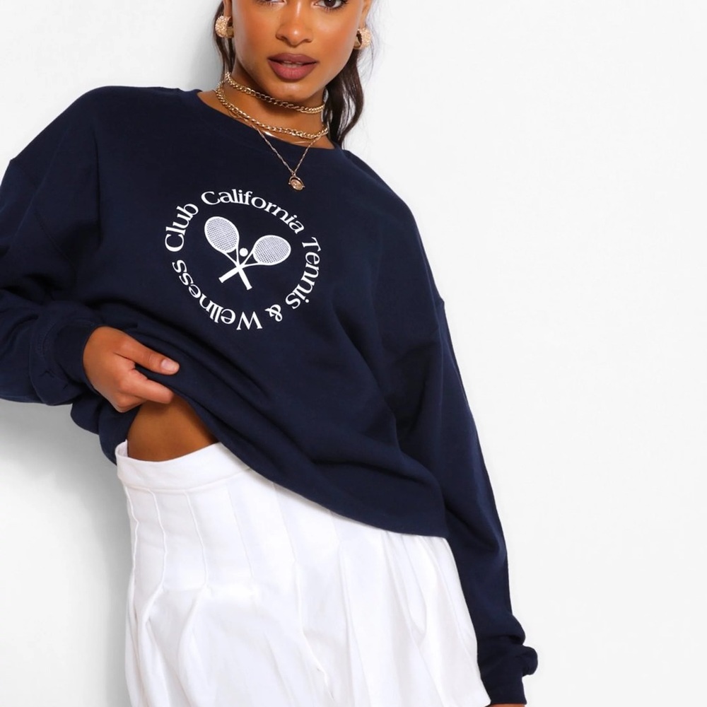 Boohoo Navy Tennis Graphic Sweatshirt